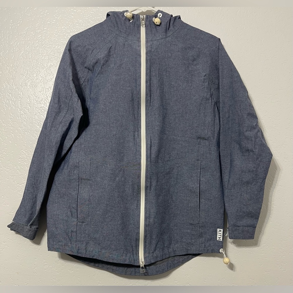KITH XS Hooded Windbreaker Jacket Blue 2-Way Zip Drawcord Hem Streetwear